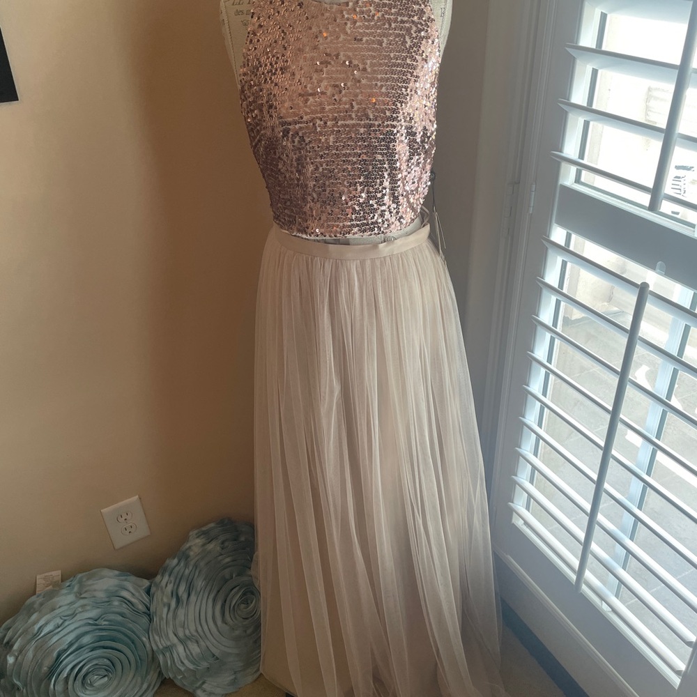 Adrianna Papell - Pink Sequin Top w Cream Tulle Skirt - 2 piece Rosegold dress
